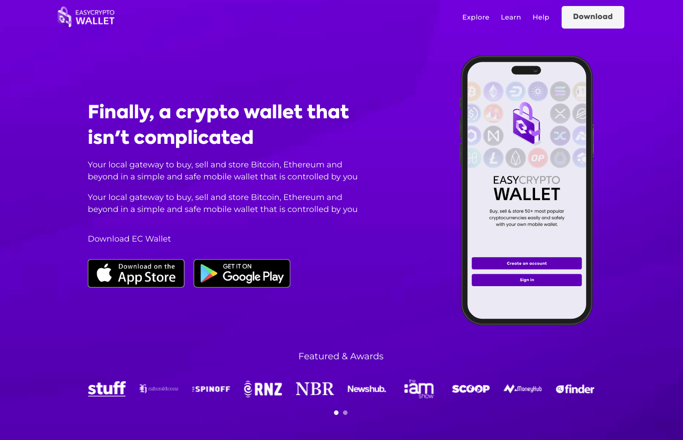 Screenshot of Easy Crypto Wallet homepage