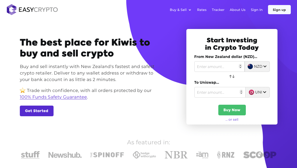 Screenshot of Easy Crypto NZ homepage with the UNI token on the purchase widget.