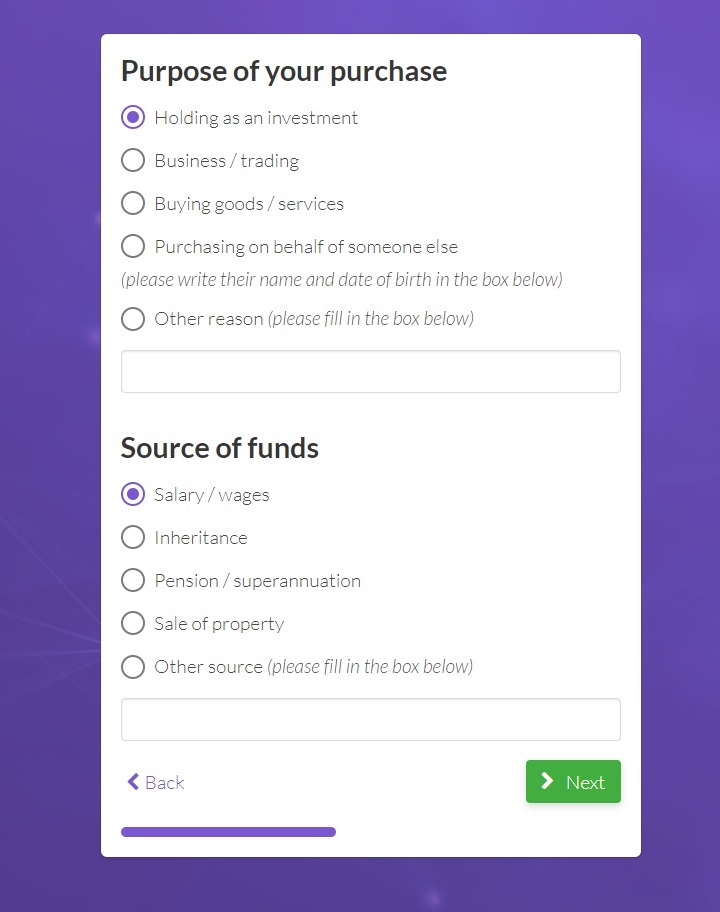 The page that Easy Crypto shows to understand your purpose to purchase cryptocurrency