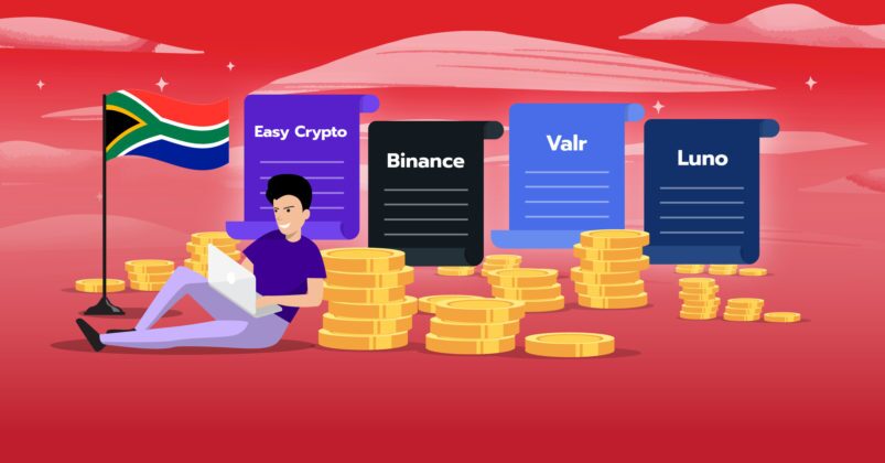 Illustration of a man sitting down next to the South African flag and in front of a pile of coins to illustrate the idea of crypto exchange comparison South Africa.