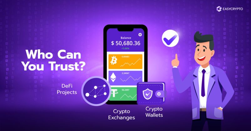 Illustration of a phone displaying a phone, with a guy next to it and logos of defi, crypto exchanges, and crypto wallets. Illustration of a phone displaying a phone, with a guy next to it and logos of defi, crypto exchanges, and crypto wallets.
