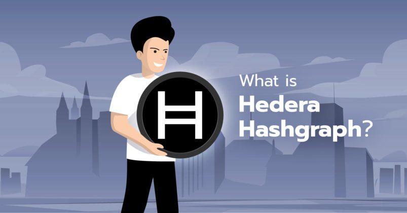 Illustration of a man holding the Hedera Hashgrapph HBAR logo to depict the topic of what is hedera. Illustration of a man holding the Hedera Hashgrapph HBAR logo to depict the topic of what is hedera.
