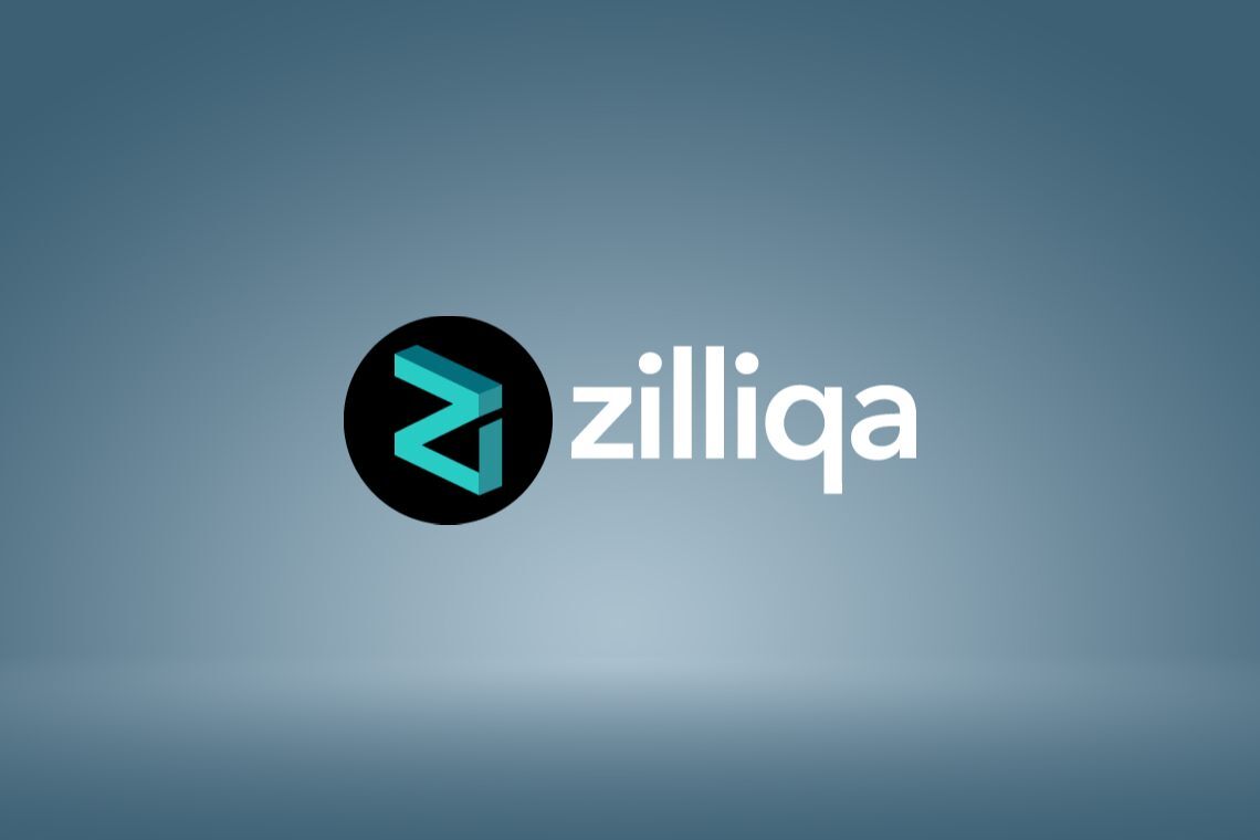 Zilliqa logo on a smooth blue and gray gradient backgroun.