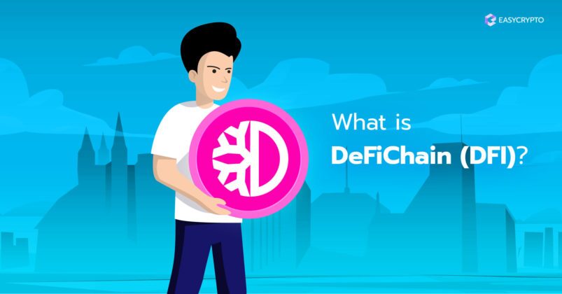 A guy holding the DefiChain DFI logo on a blue background. A guy holding the DefiChain DFI logo on a blue background.