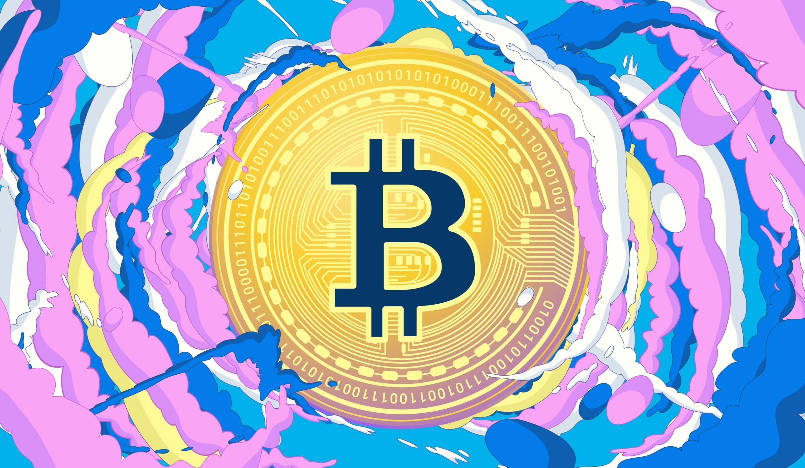 Bitcoin surrounded by purple, white and blue clouds.