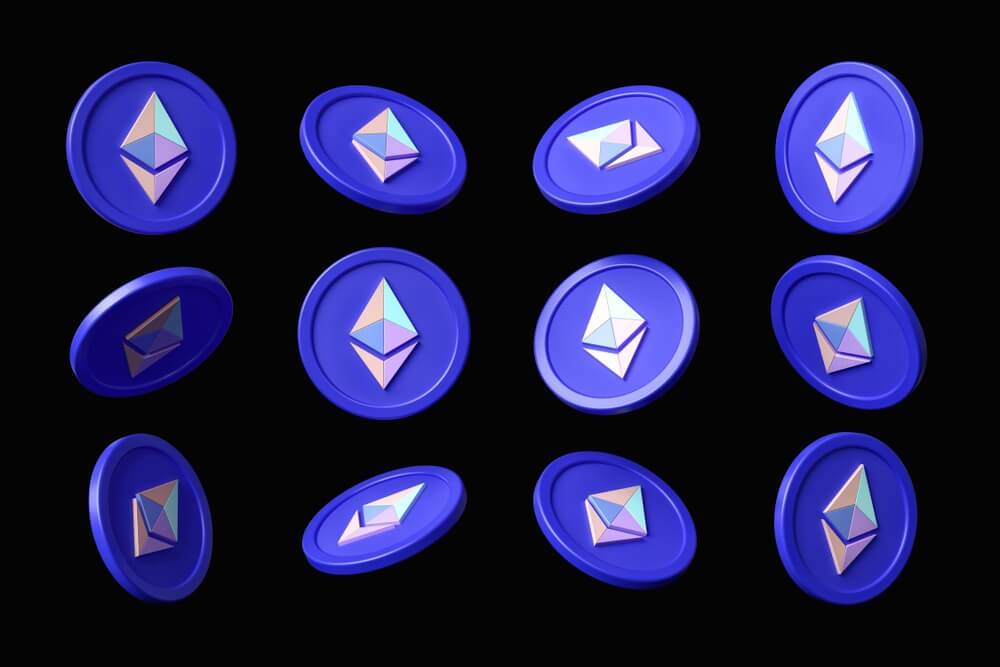 Floating Ethereum coins in black background.