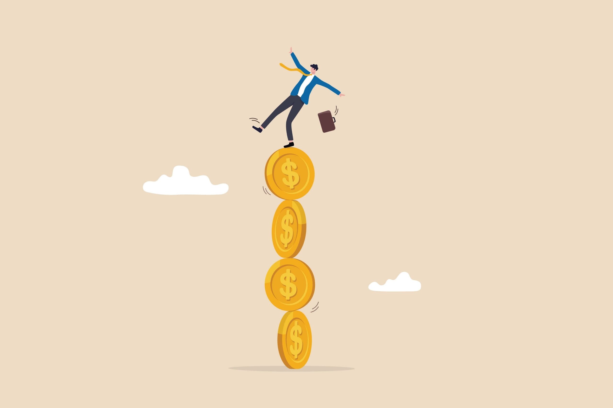 illustration for human balancing himself on top of coins