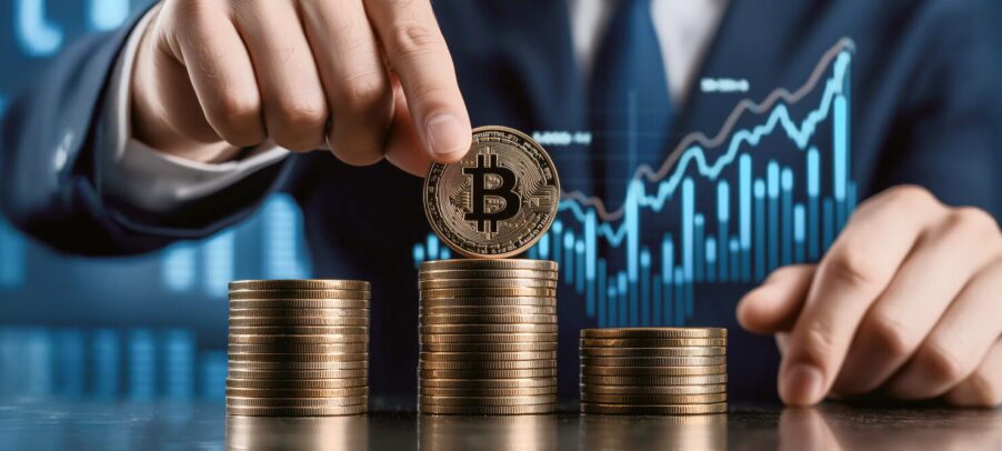 Image of hand holding a single Bitcoin above a stack of other bitcoins with an upward trending graph in the background