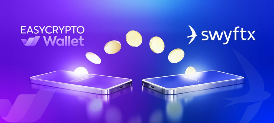 Illustration showcasing Easy Crypto Wallet on the left with coins arcing to the right where Swyftx is