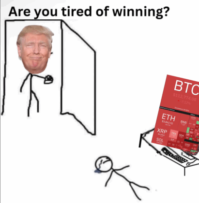 Illustration of a stick figure with Trump's face opening a door to a red crypto market saying are you tired of winning