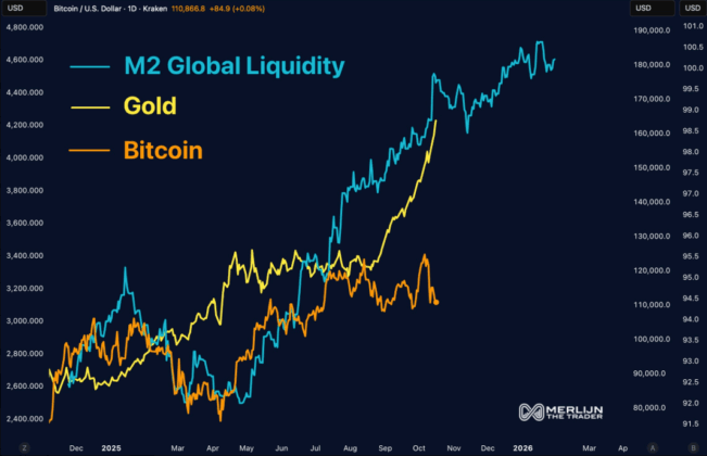 Global liquidity chart showcasing Bitcoin and gold from Merlijn.