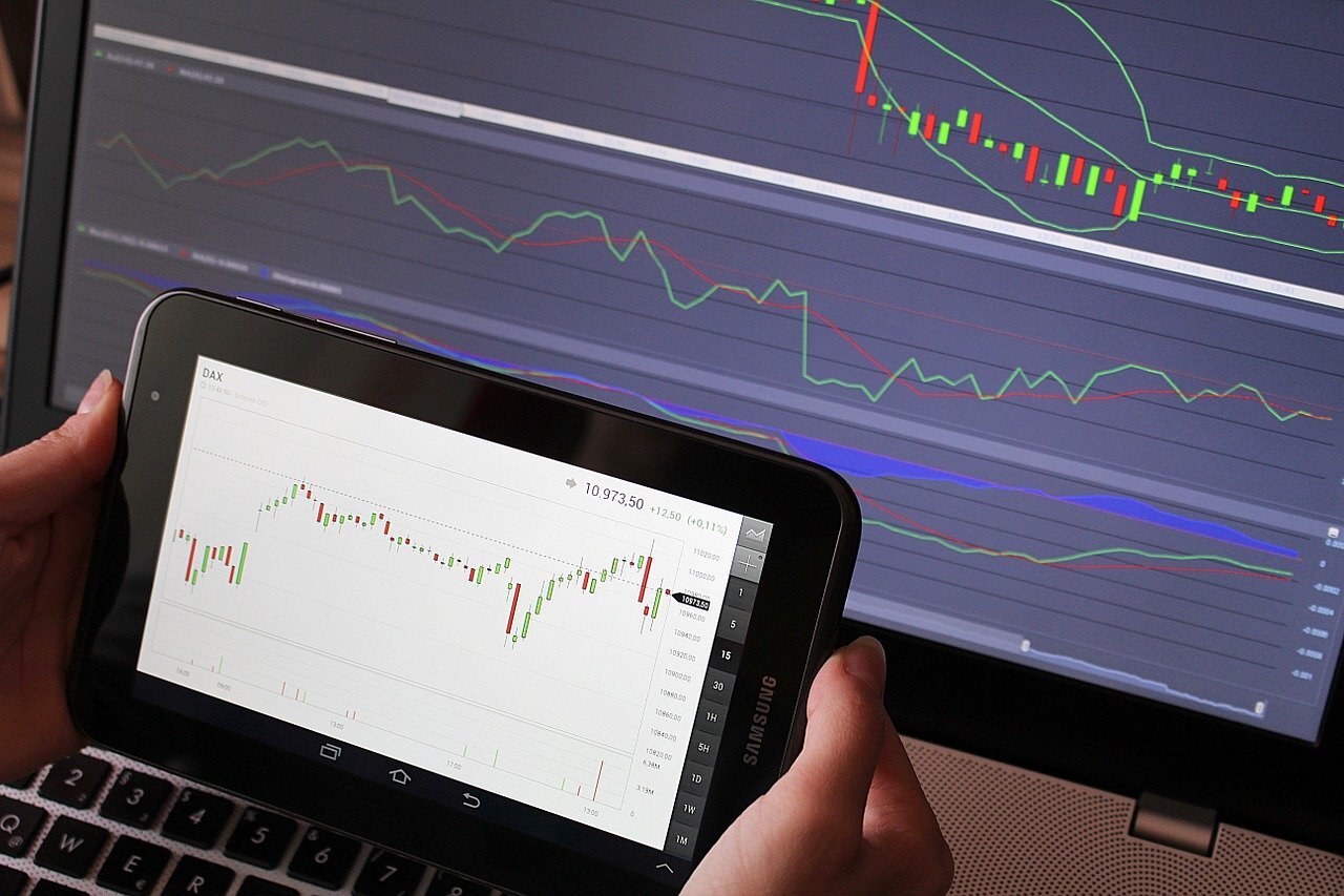 A person holding a black samsung tablet with a trading graph displayed on the screen