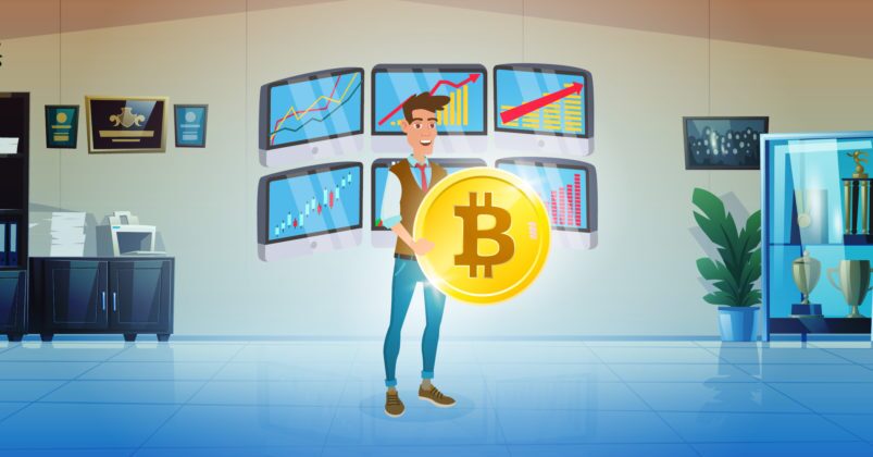 Illustration of man holding bitcoin to illustrate the topic of crypt arbitrage