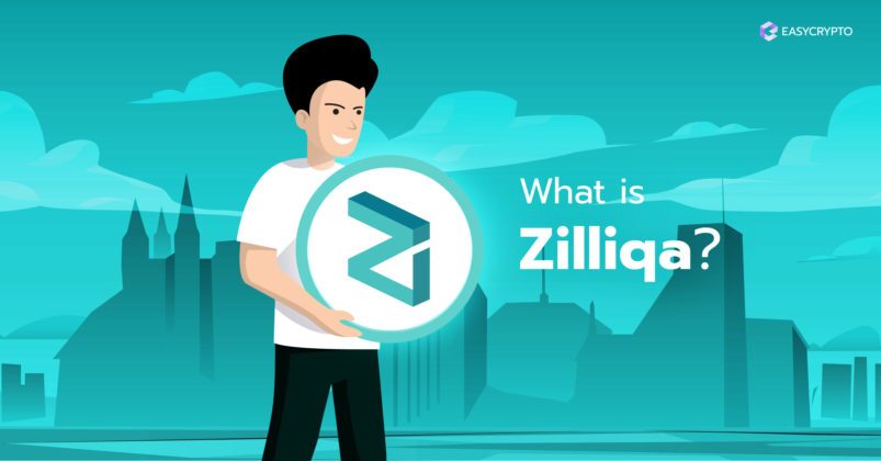 Illustration of a man holding the Zilliqa logo.