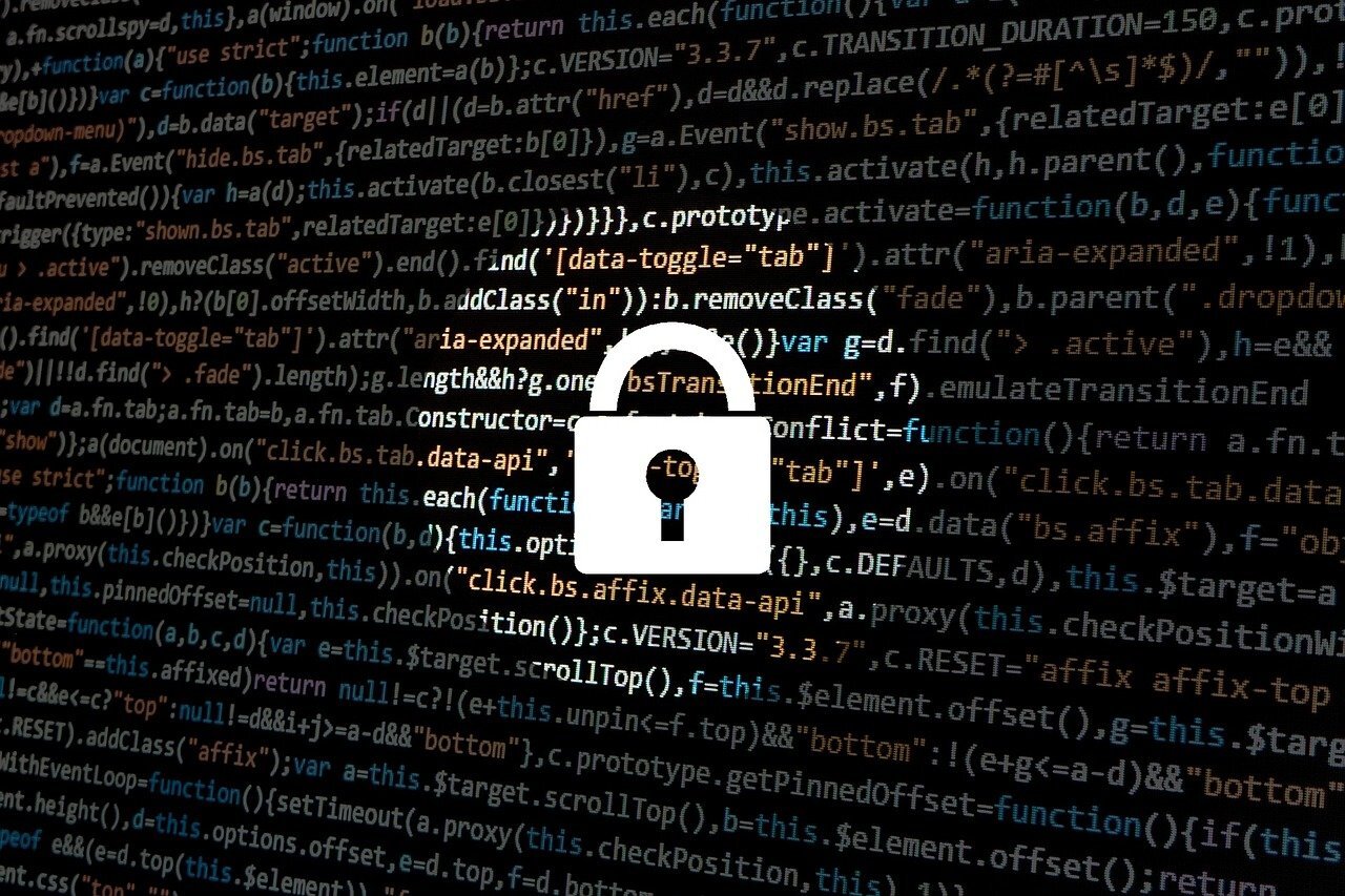 White padlock on a dark matrix background. 