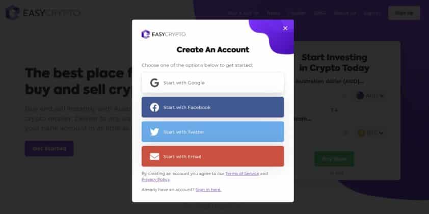 Easy Crypto sign up pop-up.