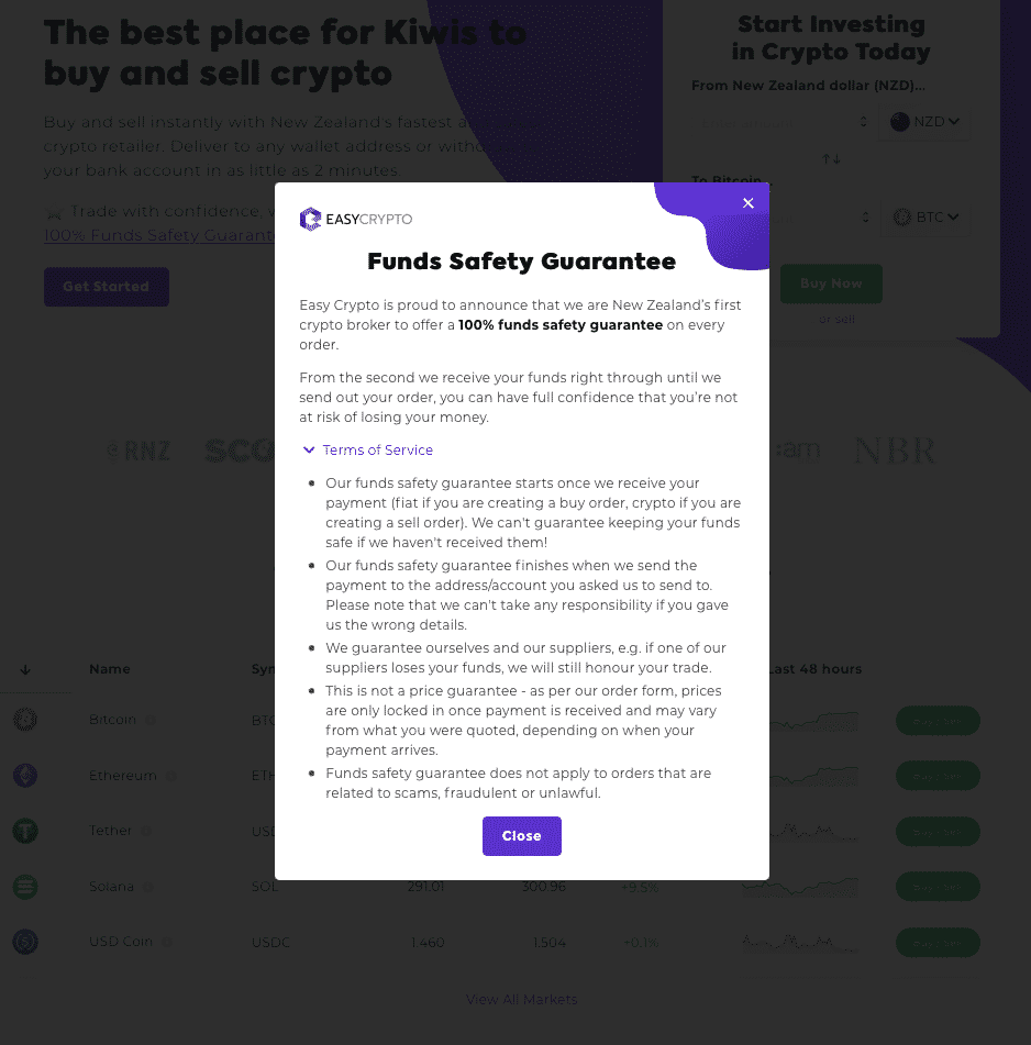 Screenshot of the Easy Crypto homepage showcasing the Funds Safety Guarantee. 