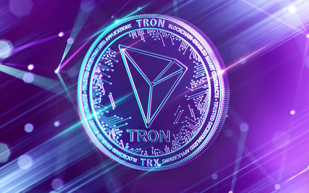 Image of the Tron TRX coin on purple background. 