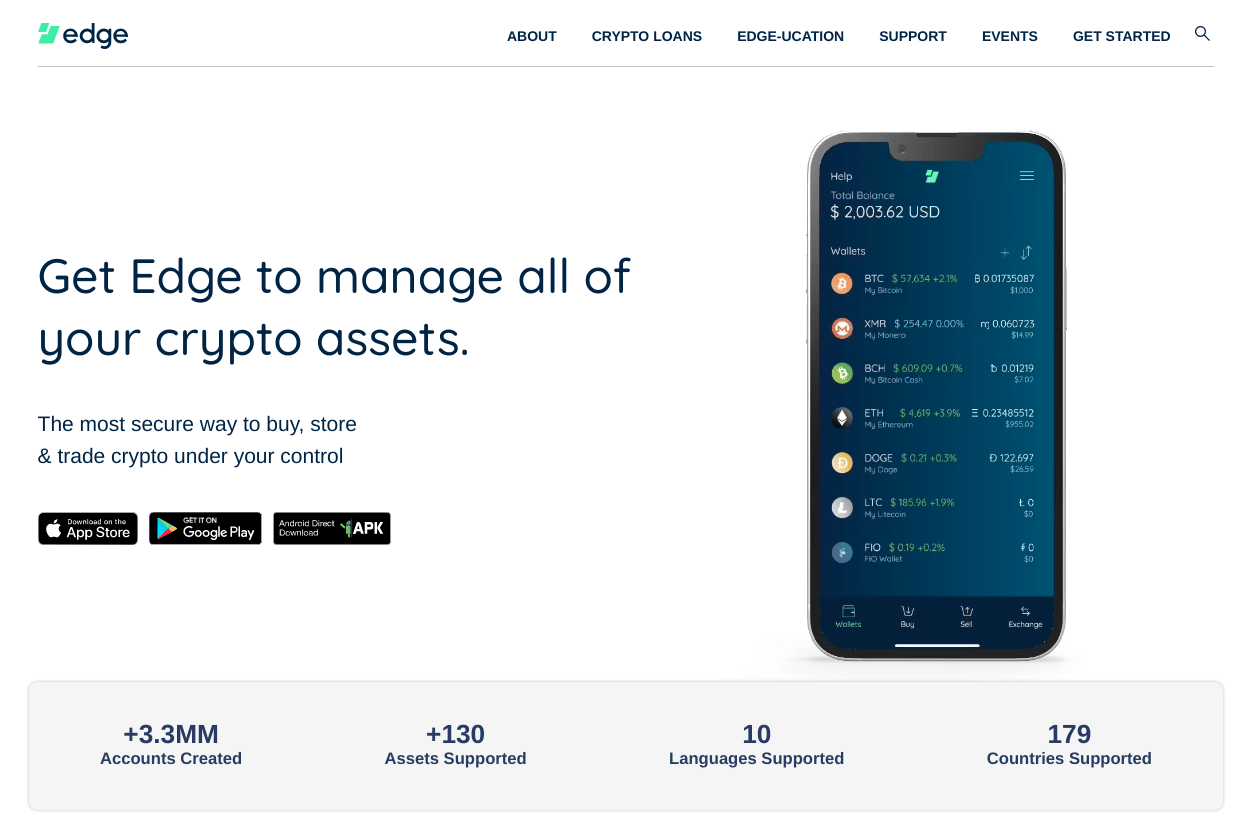 Screenshot of Edge Crypto Wallet homepage