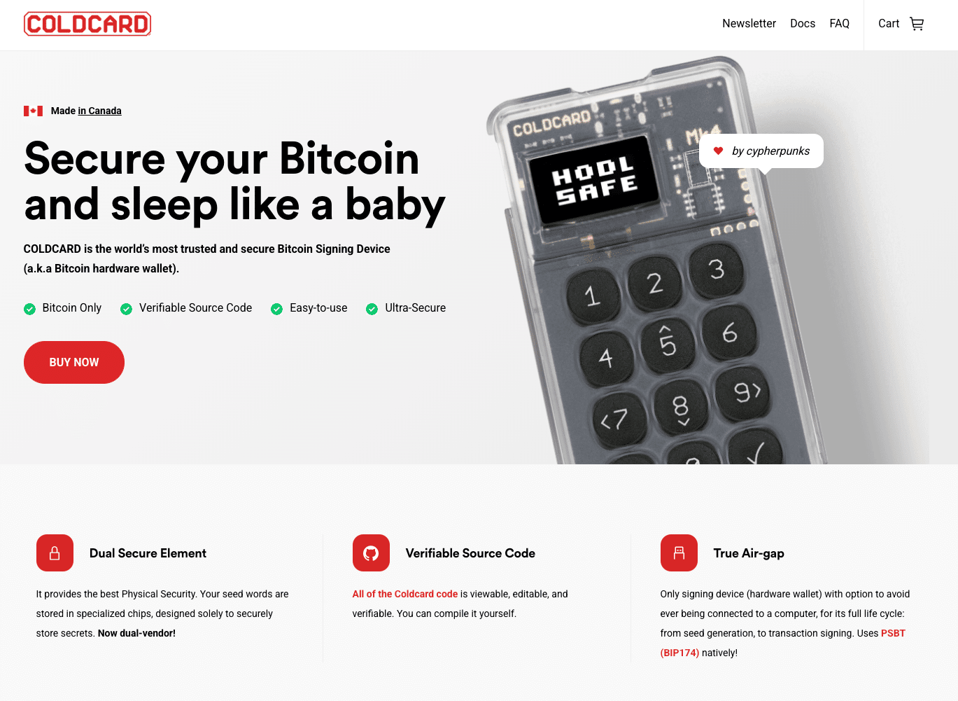 Screenshot of ColdCard homepage.