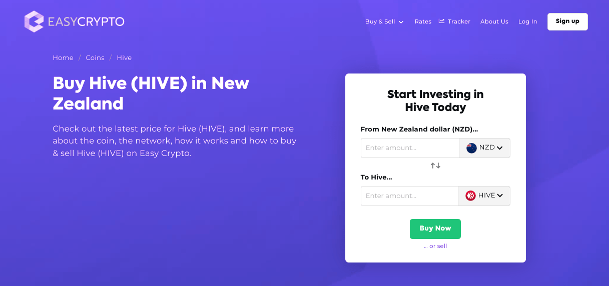 Screenshot of Hive (HIVE) and NZD pairing on Easy Crypto New Zealand website.