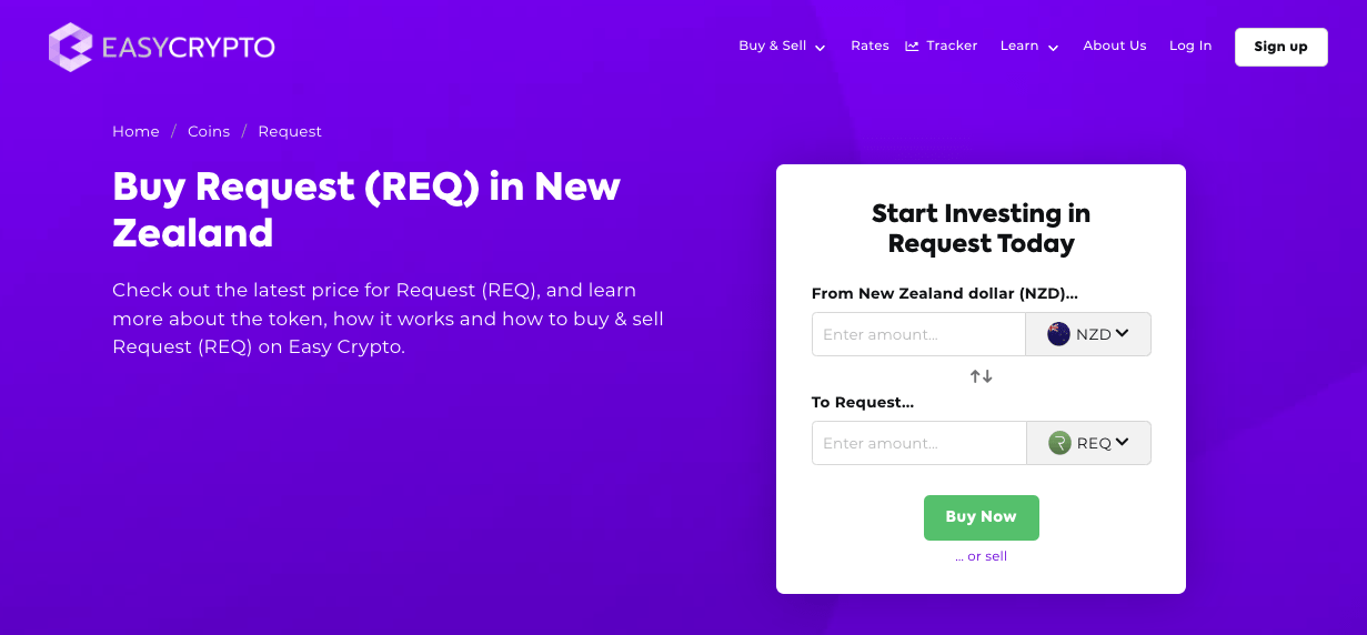 Screenshot of Easy Crypto New Zealand coin buy page showcasing REQ token and NZD.