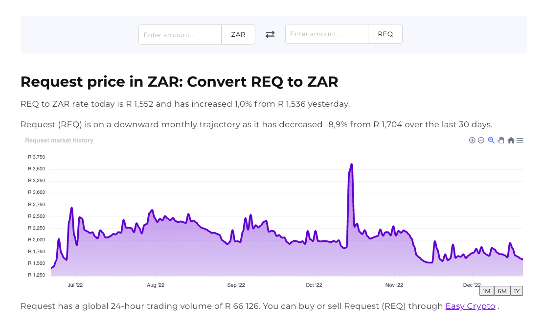 Screenshot for the crypto conversion page for REQ and ZAR.