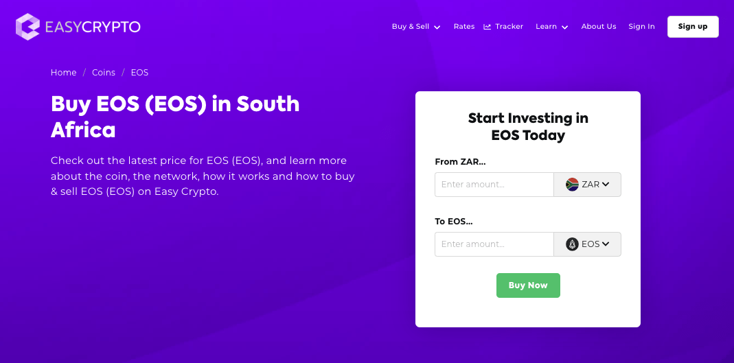 Screenshot of Easy Crypto South Africa showcasing the EOS and ZAR pairing.