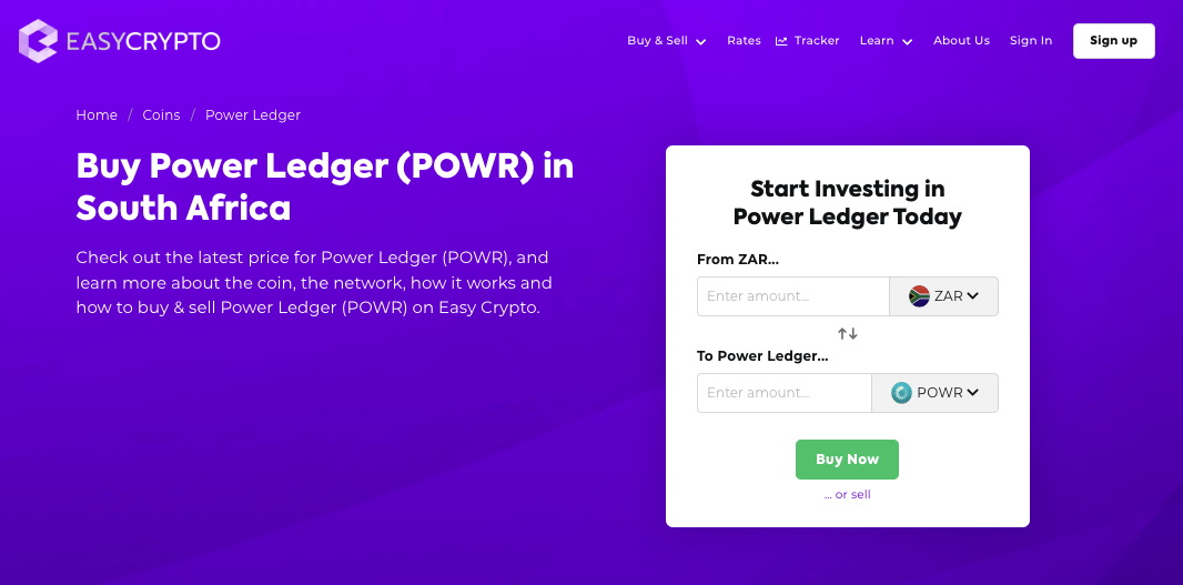 Screenshot of Easy Crypto homepage showcasing the ZAR and POWR pairing.