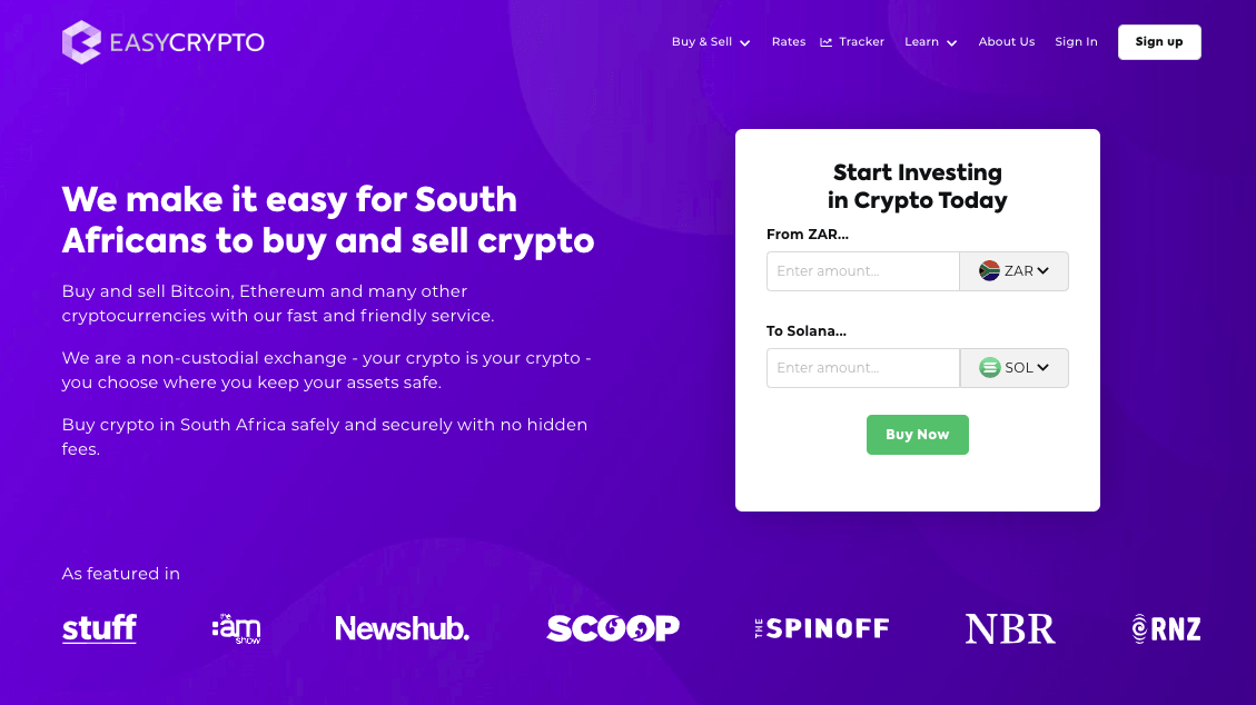 Screenshot of Easy Crypto Homepage South Africa showcasing the SOL and ZAR pairing.