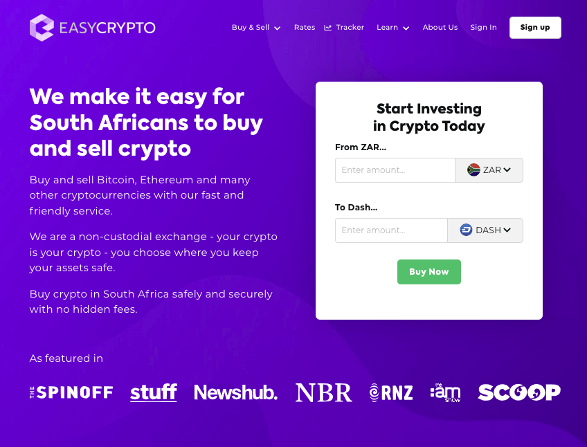 Screenshot of Easy Crypto ZA homepage showcasing DASH and ZAR pairing.