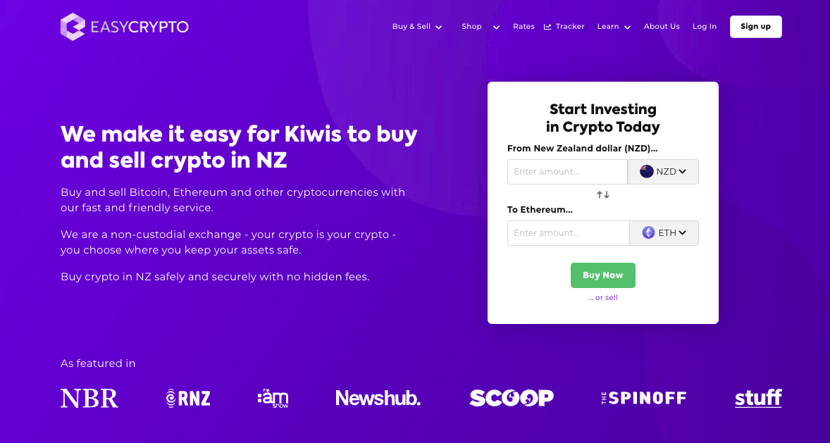 Screenshot of Easy Crypto New Zealand homepage showcasing NZD and Ethereum ETH pairing