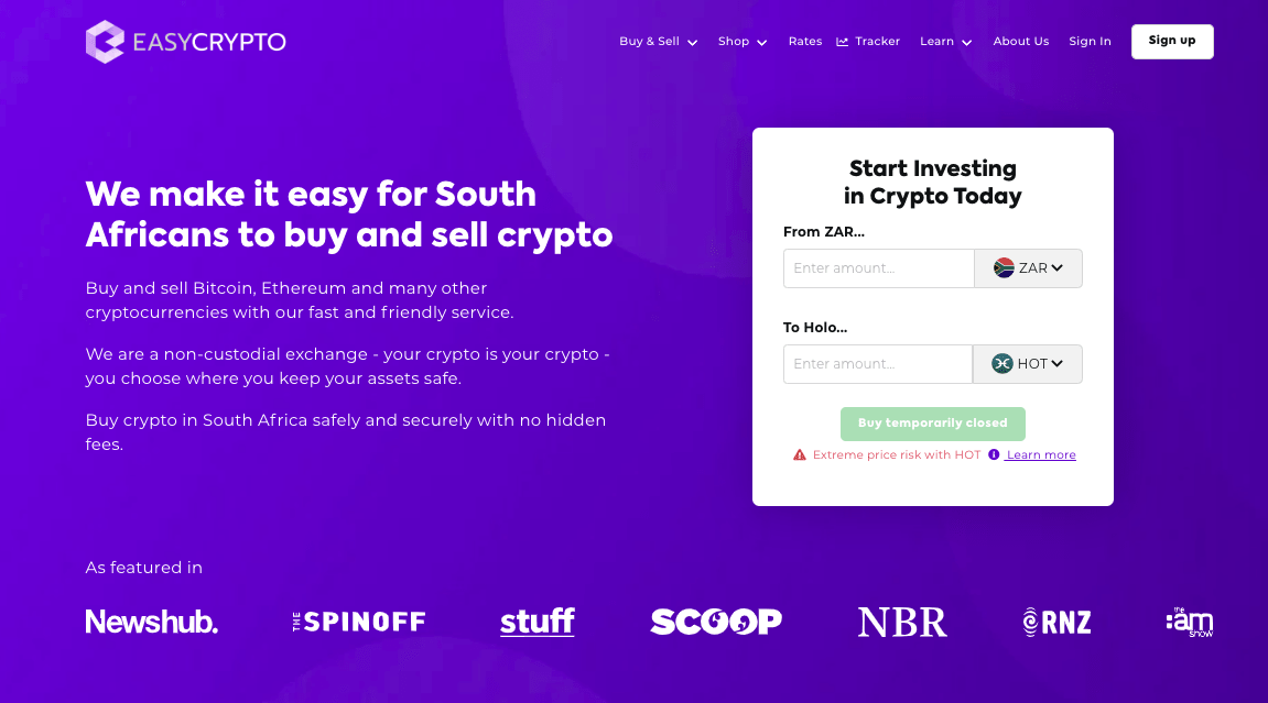 Screenshot of Easy Crypto ZA homepage showcasing the HOT and ZAR pairings.
