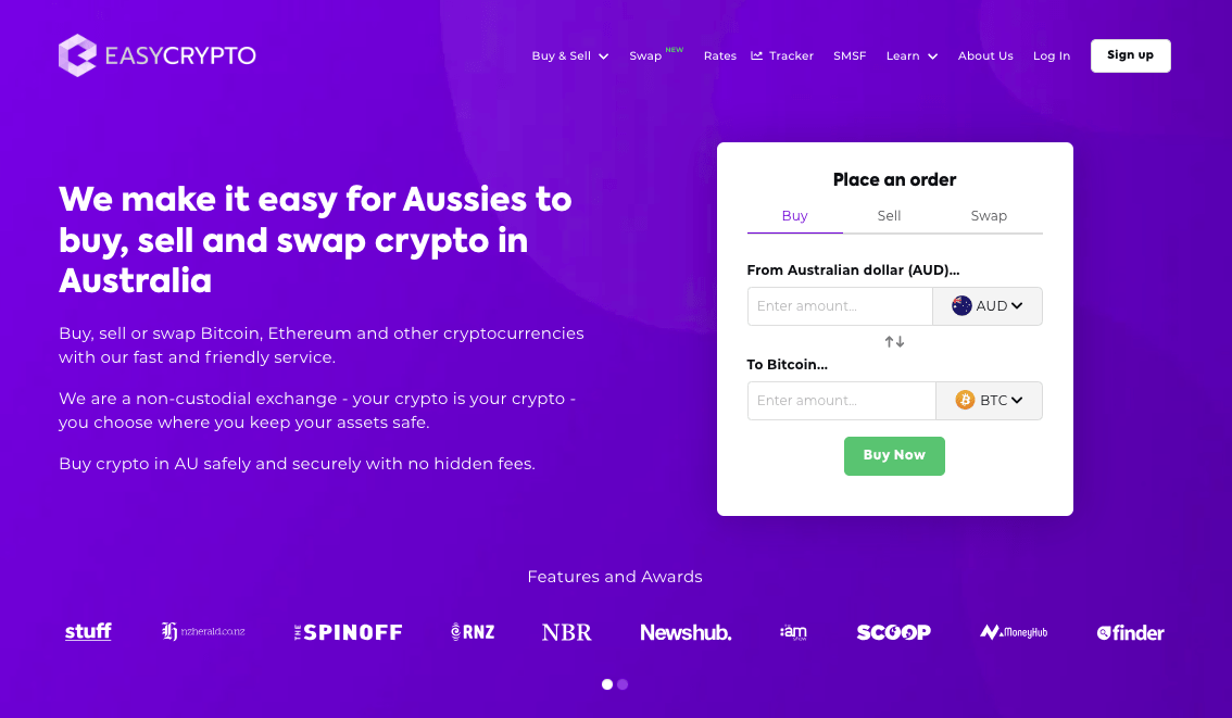 Screenshot of Easy Crypto Australia homepage showcasing Bitcoin and AUD pairing.