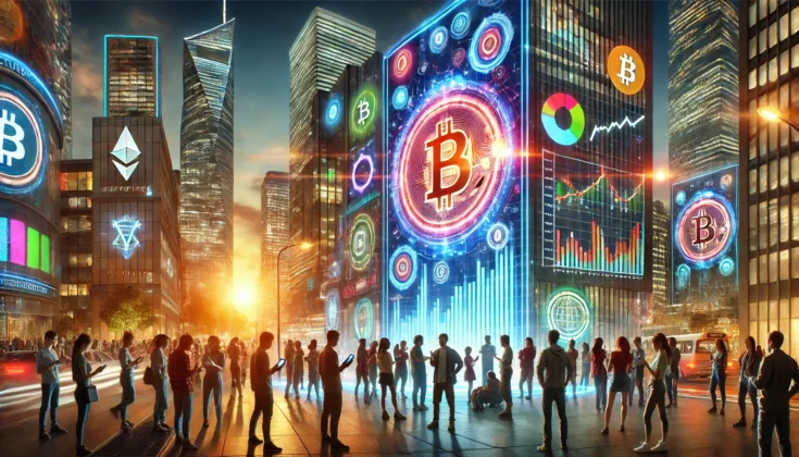 Blog cover illustration of crowds in a bitcoin crypto city