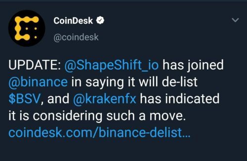 coindesk tweet about kraken and binance delisting bitcoin sv