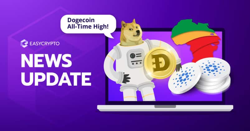 Blog-News-Doge-ATH Illustration of Dogecoin holding the DOGE logo to depict the topic of crypto news update.