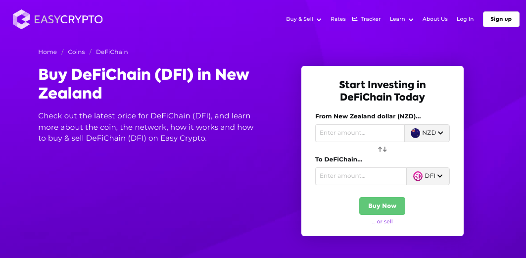 Screenshot of Easy Crypto coin page showcasing the NZD and DFI pairing.