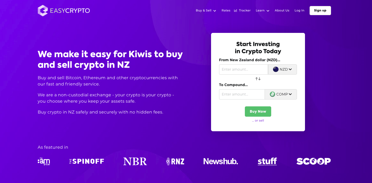 Screenshot of Easy Crypto coinpage showcasing the compound protocol (COMP) token with NZD pairing.