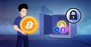 Illustration of a man holding a bitcoin abotu to put it in a safe to illustrate the topic of cold storage