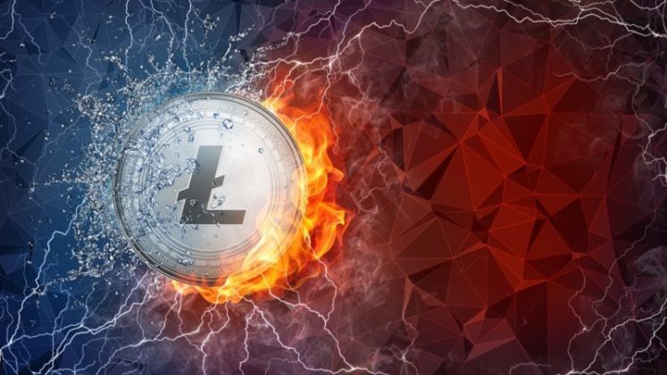 Litecoin LTC Logo NZ New Zealand with fire and water clashing with lightning striking logo