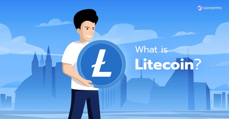 Illustration of a man holding the Litecoin LTC Logo.