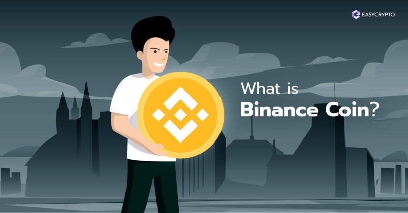 Illustration of a man holding the Binance logo to depict the topic of what is Binance BNB.