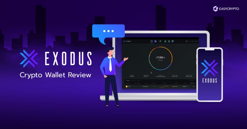 Illustration of a laptop with the Exodus Crypto wallet dashboard displayed on the screen for review.