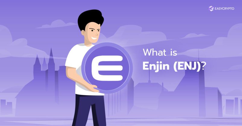 Man holding the Enjin (ENJ) logo on a light purple background.