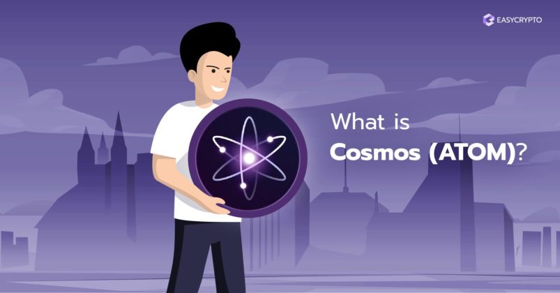 Man holding the Cosmos (ATOM) logo on a dark purple cityscape background.