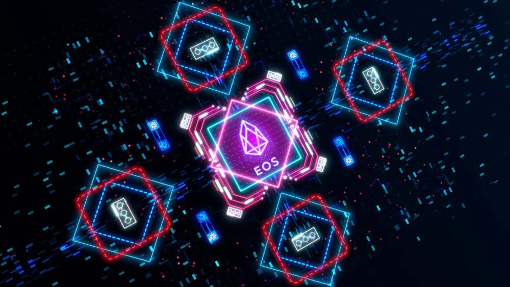 Image of EOS logo surrounded by digital boxes on a black background. 
