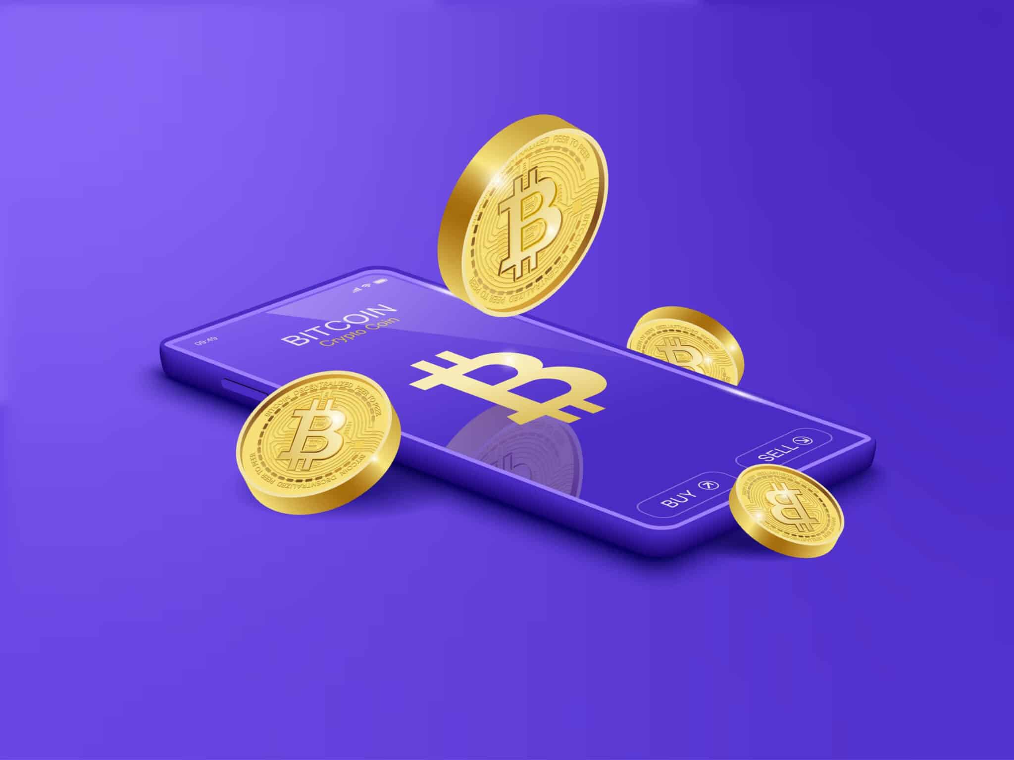 Illustration of Bitcoin revolving around a mobile phone on a purple background.