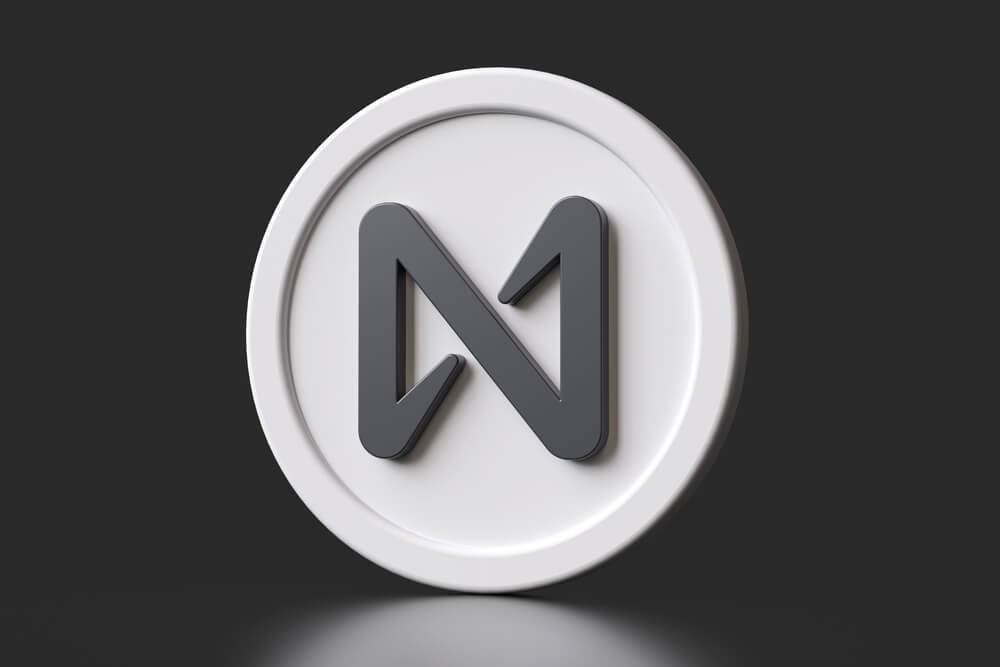 Illustration of Near Protocol (NEAR) coin on dark background.
