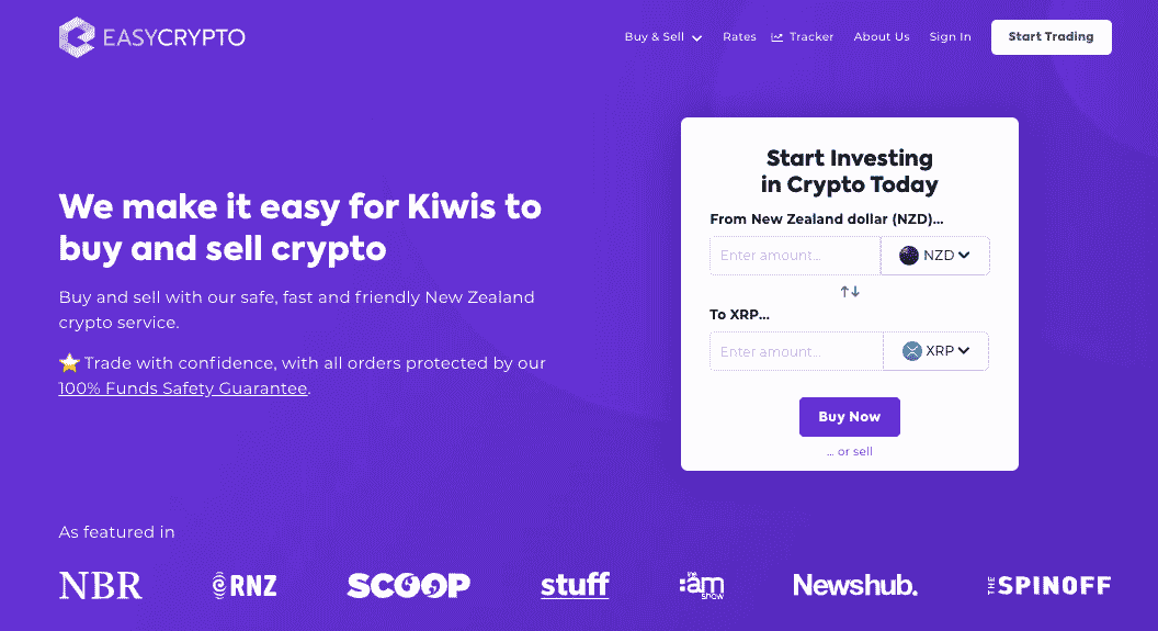 Screenshot of Easy Crypto NZ homepage showcasing the Ripple XRP and NZD pairing
